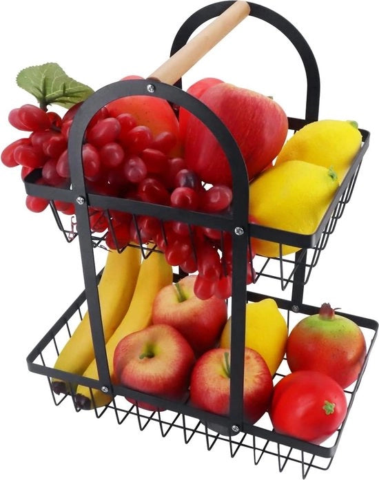 Contenitore per verdure a 2 livelli - grande capacità - contenitore per frutta rimovibile - contenitore per verdure e pane - contenitore per snack per frutta e verdure in casa - nero