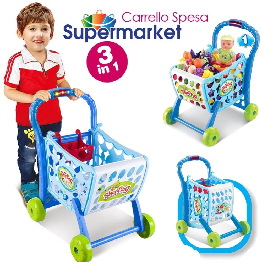 Trade Shop - Carrello Spesa Supermarket Per Bambini Rosa Azzurro Con Frutta E Verdura 3in1 -