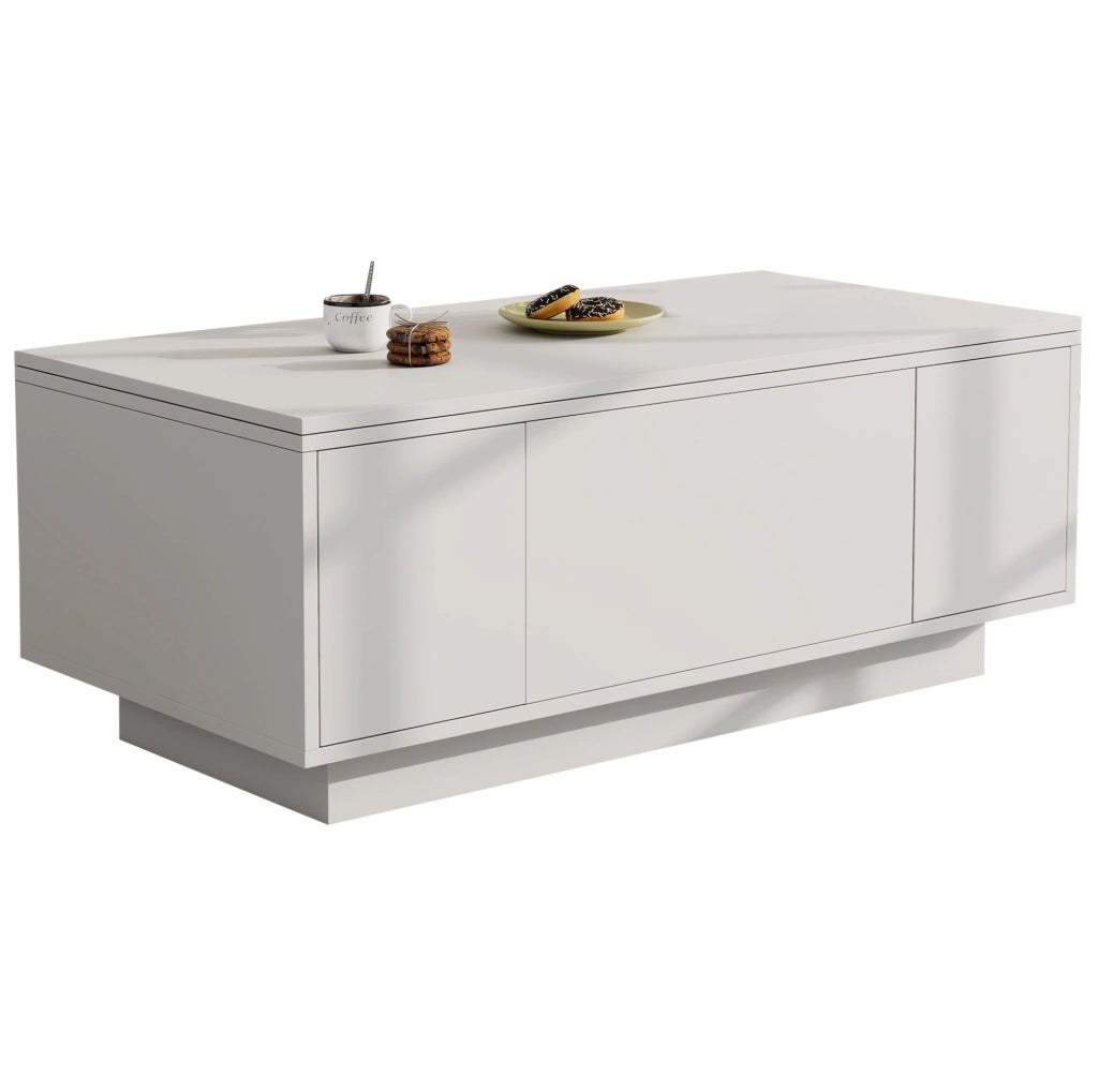 Tavolino da caffè 100x50x43 cm con doppio piano sollevabile; vano nascosto in truciolato bianco