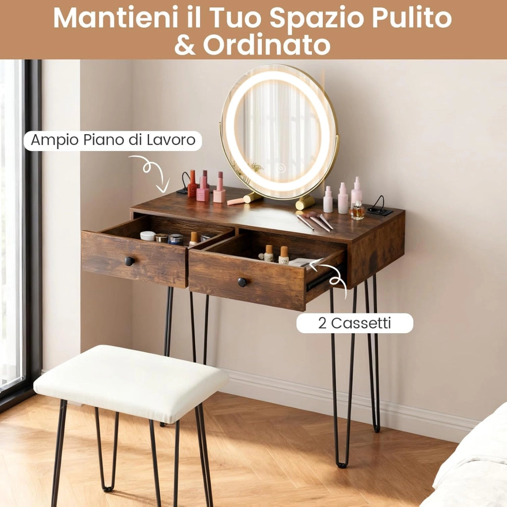 Toeletta Trucco con Specchio e Luci, Tavolo Trucco con Specchio Regolabile, Stazione di Ricarica Integrata, 2 Cassetti, Sgabello Imbottito, per Soggiorno Camera da Letto