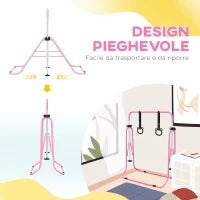 Sbarra Ginnastica Artistica per Bambini ad Altezza Regolabile con 2 Anelli, in Acciaio, 148x105x88-128 cm, Rosa