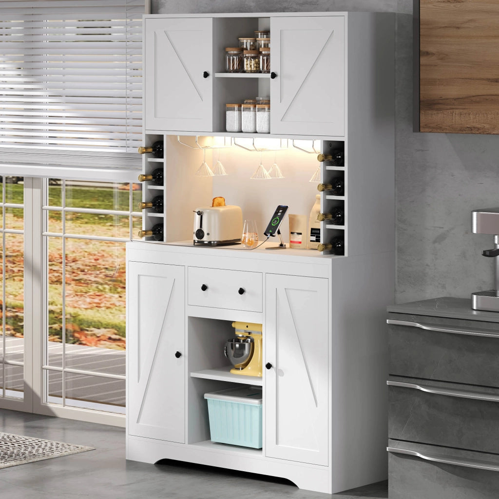 Credenza da cucina alta 180x105x40 cm con LED RGB, prese integrate, ripiani regolabili e cassetto