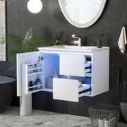 Mobile sottolavabo con 2 cassetti, LED a sensore radar, lavabo in ceramica, per bagno, bianco, 76 × 46 × 50 cm