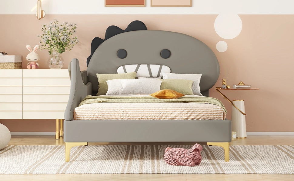 DESMIU Letto Bambino 90 × 200 cm 1 Posto con Testiera a Dinosauro, senza materasso, in PU e MDF, Grigio