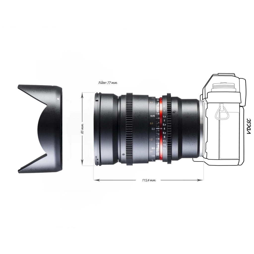 Obiettivo grandangolare video e foto 16mm 1:2.2 VCSC (filettatura filtro 77mm, paraluce, ghiera ingranaggi, apertura e messa a fuoco stepless) compatibile con baionetta Sony E nero