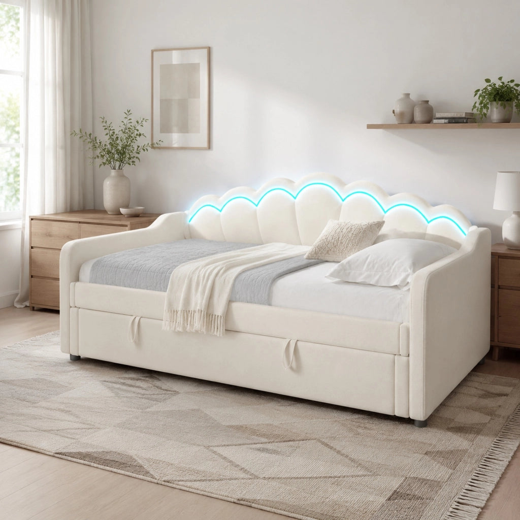 Divano letto singolo 90x200 cm in velluto con contenitore idraulico e LED, beige