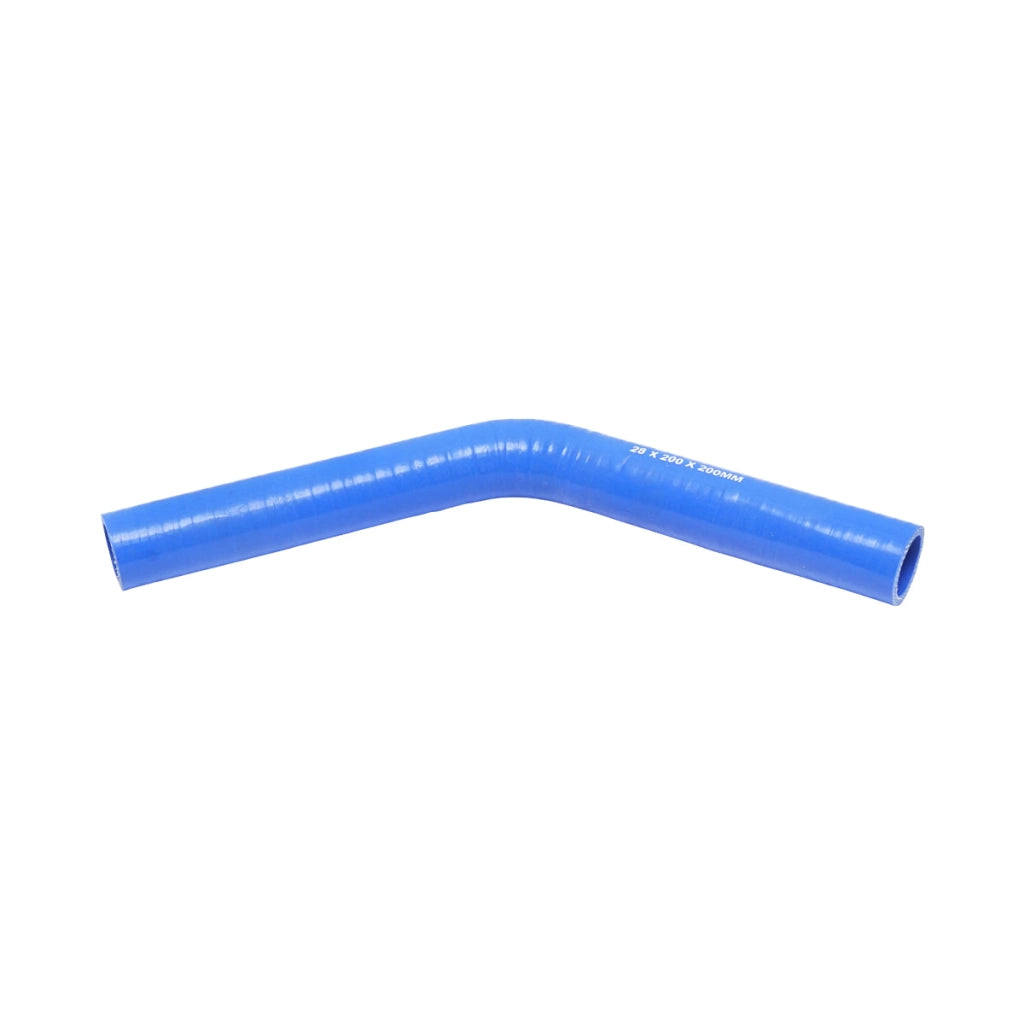 Tubo curvato in silicone a 45 gradi con inserto in tessuto, dimensioni 28x200x200 mm.