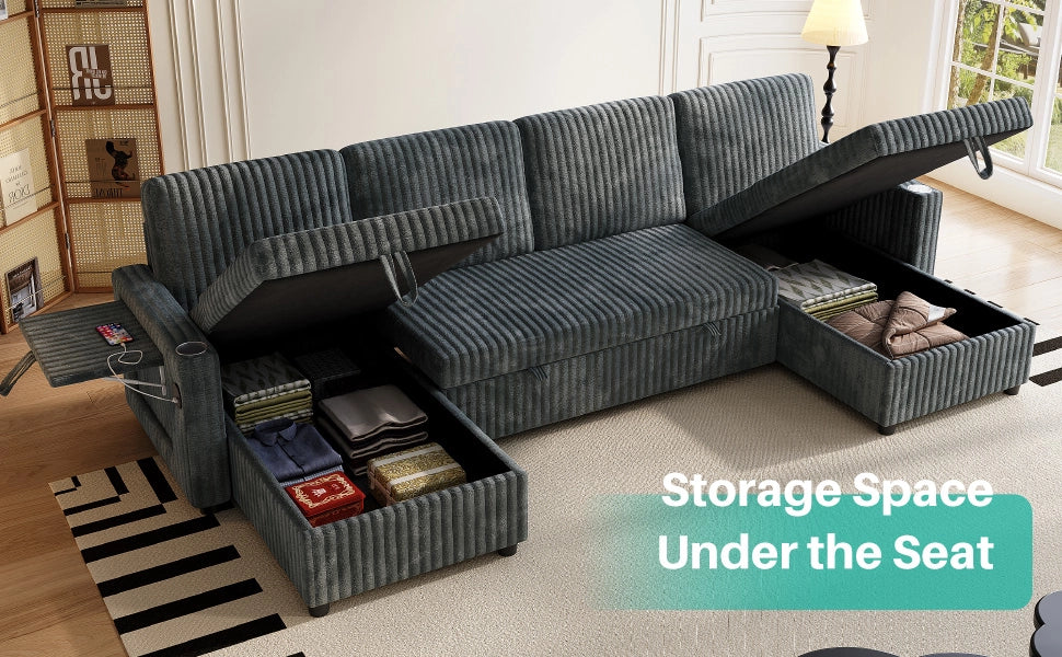 Divano letto componibile a U con contenitore, USB, portabicchieri e tasche laterali in velluto a coste grigio