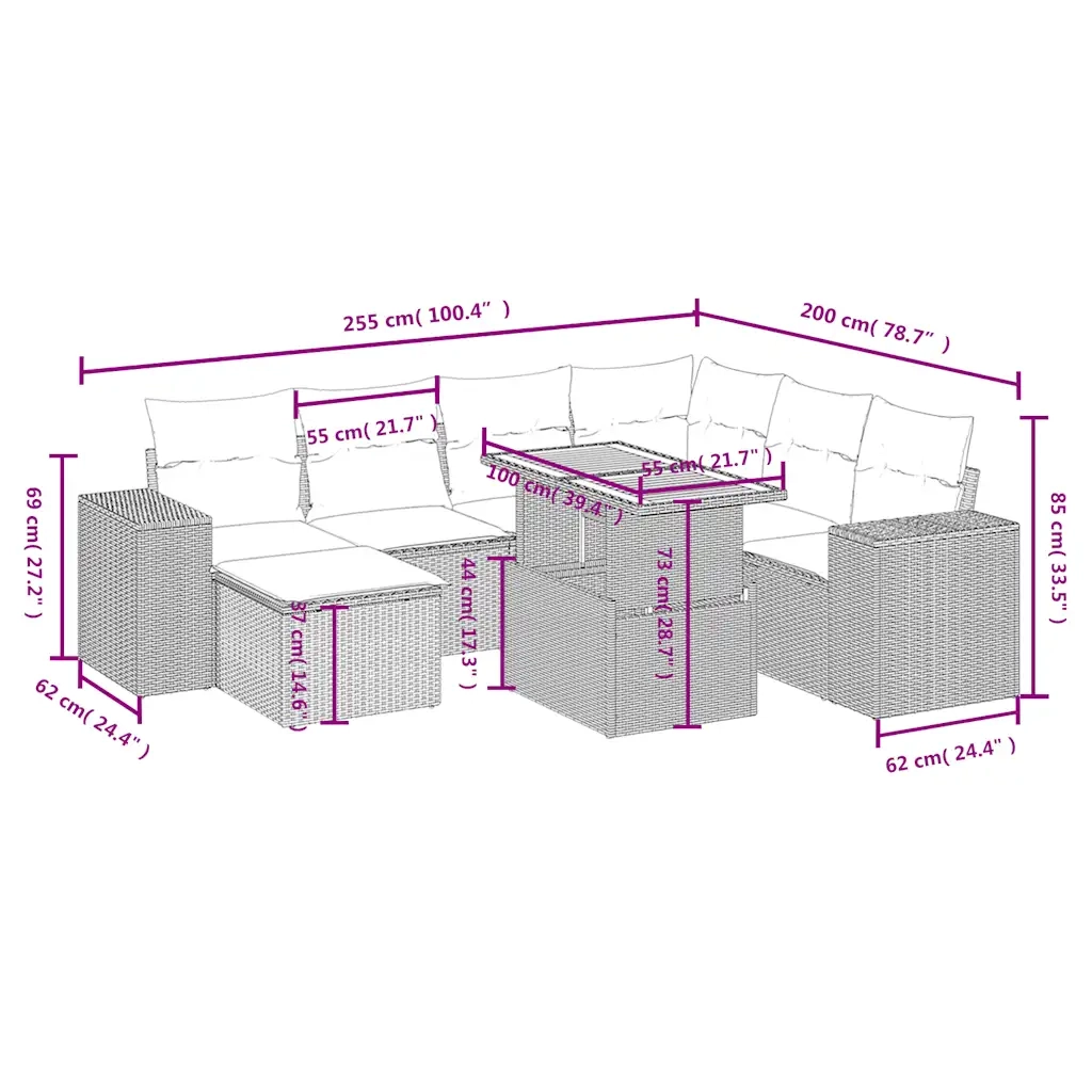 Set Divano da Giardino 8 pz con Cuscini Beige in Polyrattan