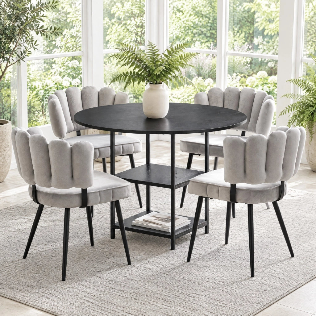 Set tavolo rotondo 107 cm nero MDF con 4 sedie e doppio ripiano