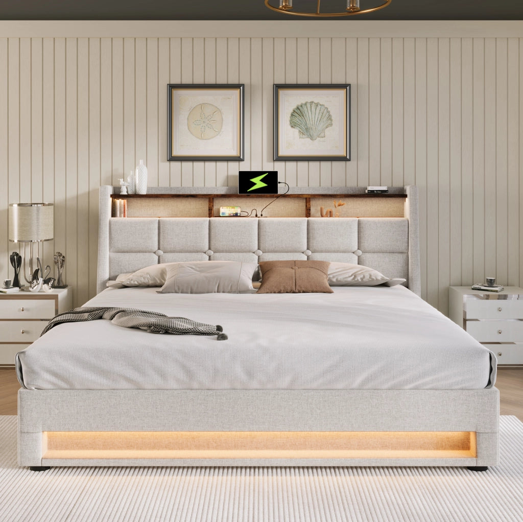 Letto matrimoniale imbottito 140x200 cm in lino beige con LED e USB; stile vintage