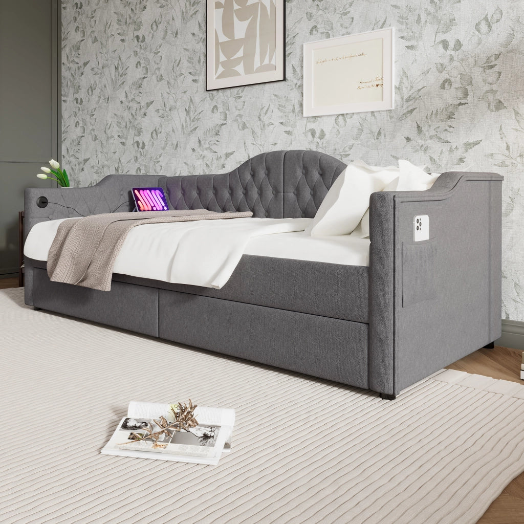 LETTO divano 90x190 cm in lino grigio con USB Type-C e 2 cassetti