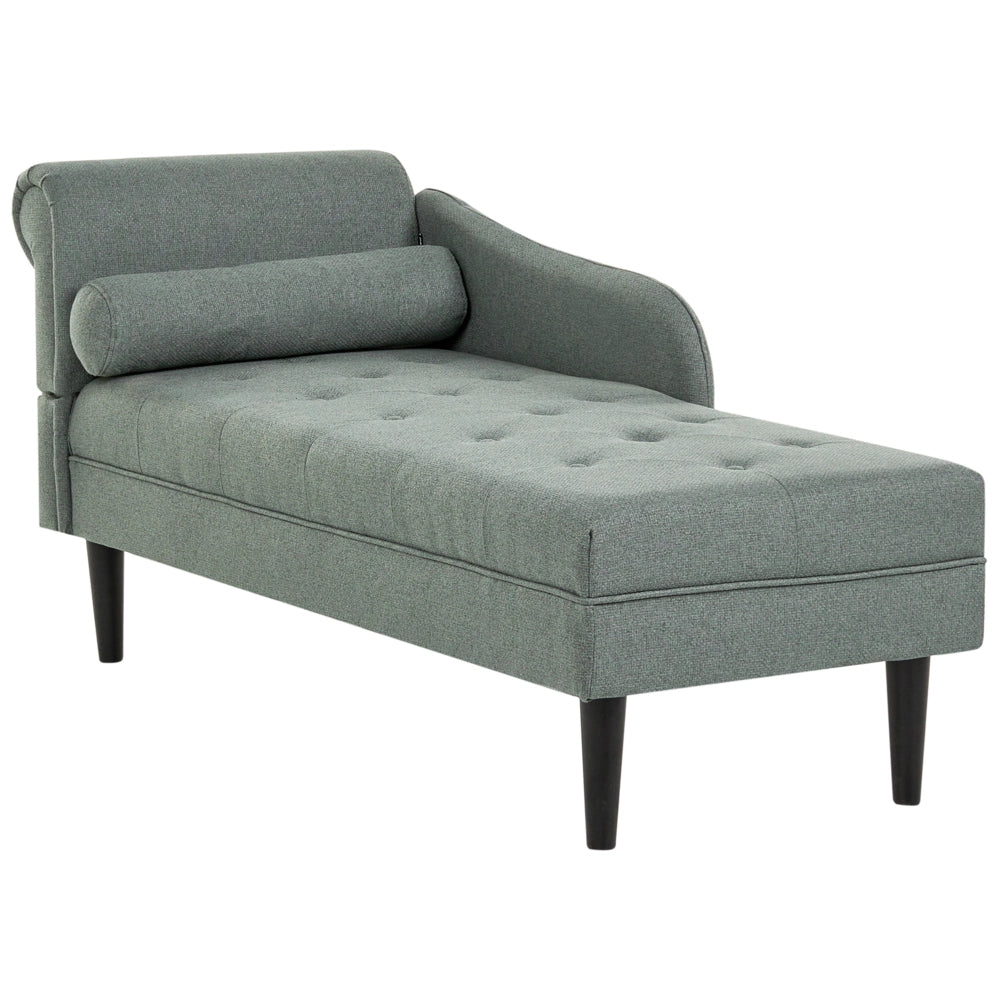 Chaise longue sinistra in tessuto verde imbottita con cuscino facile da pulire, gambe in legno, soggiorno moderno