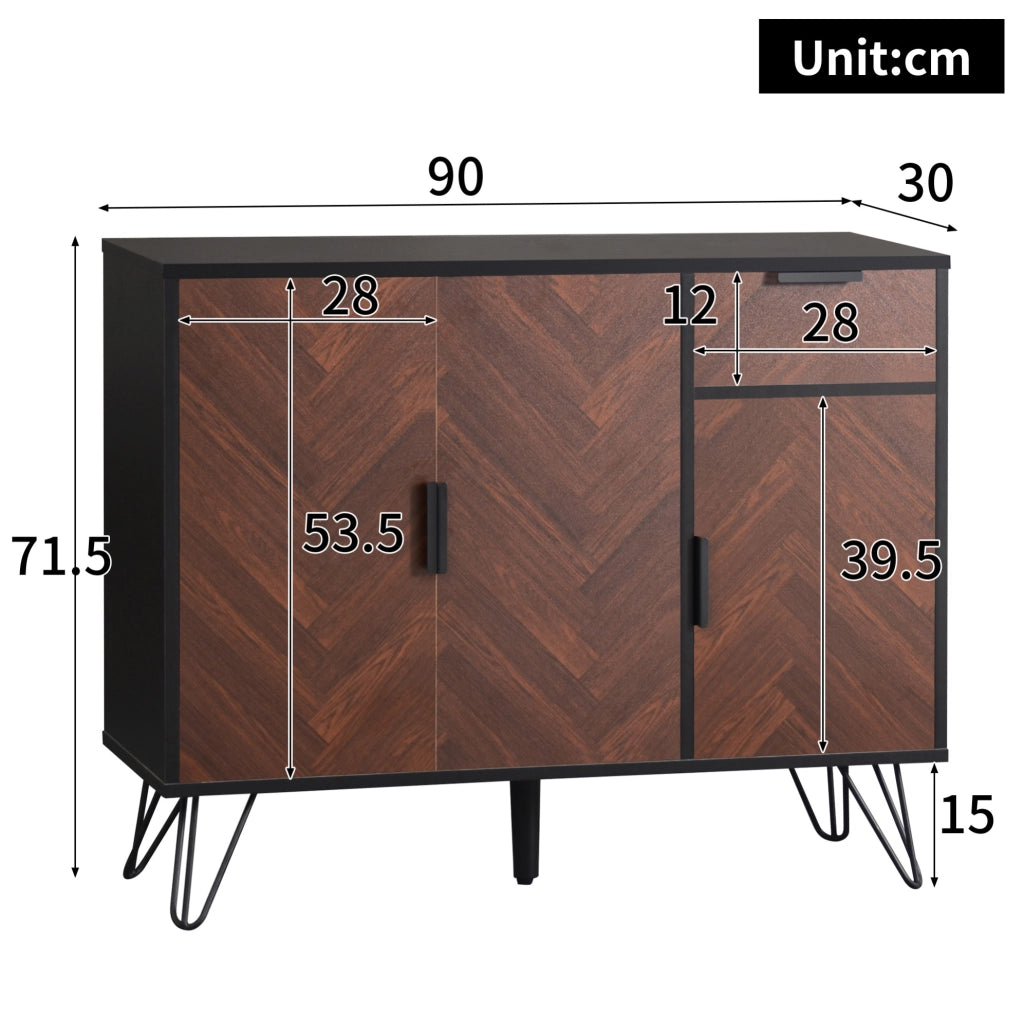 Credenza 90x30x71.5 cm con cassetto e ripiani regolabili in MDF e pannello truciolare nero e naturale