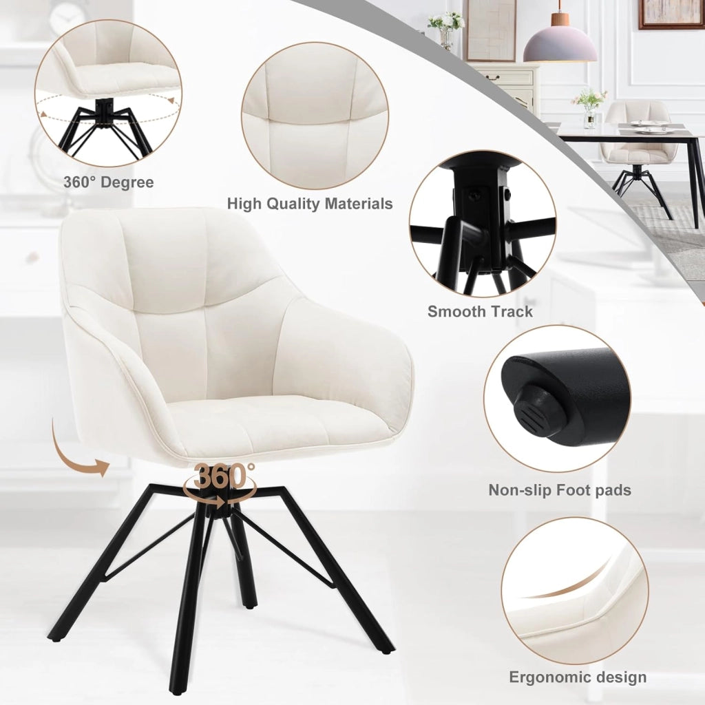 Sedia per Sala da Pranzo Girevole a 360°, Sedia da Cucina Imbottita con Gambe in Metallo, Poltroncina in Velluto per Camera da Letto, Soggiorno, Crema, BH365cm-1