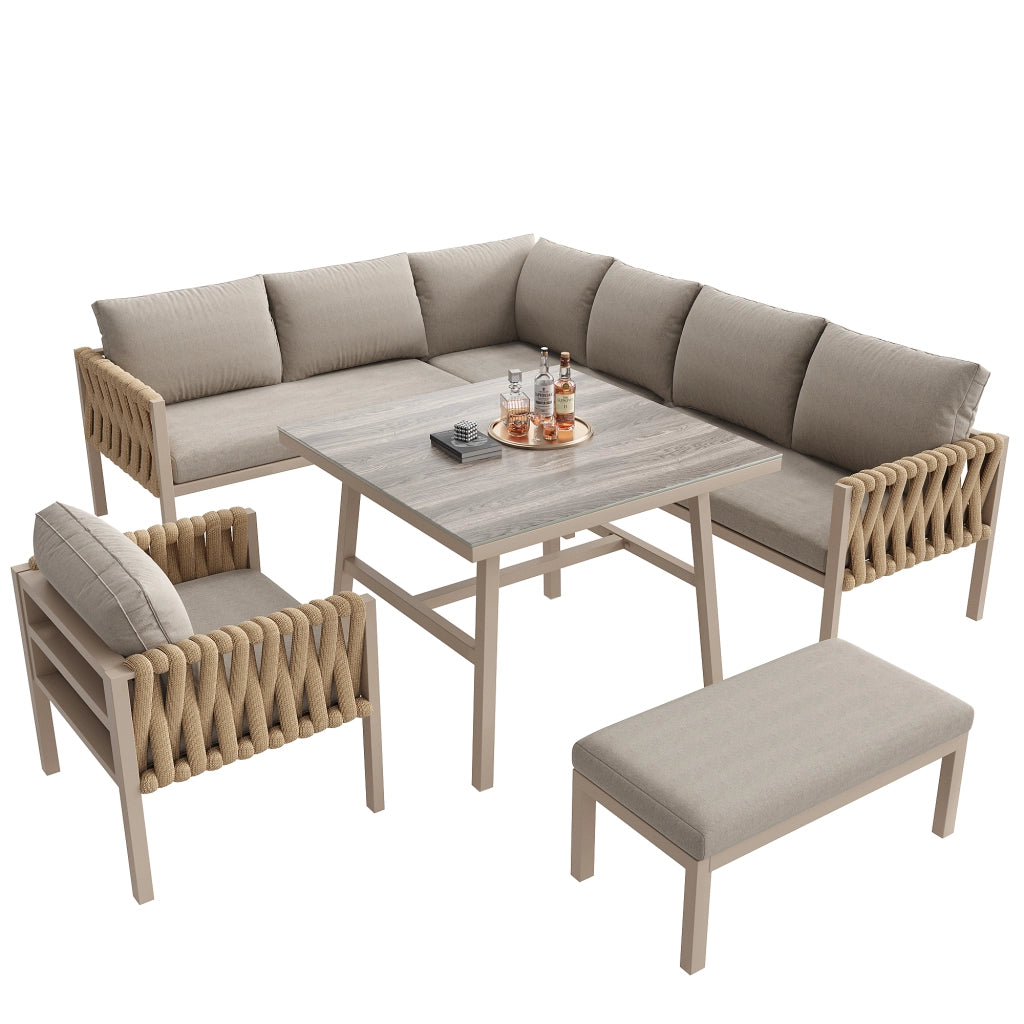 Set mobili giardino: corda intrecciata + Divanooo angolare; ferro zincato; tavolo vetro; cuscini inclusi; beige