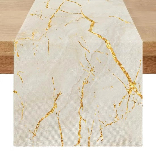 Tavolo da Caffè Moderno Lente Estate Bianco Oro Lino Tavolo da Caffè Marmo Oro Tessuto Arte Astratta Tavolo da Caffè per Caffè, Sala da Pranzo, Comodino, Comodino, Camera da Letto 40 x 240 cm