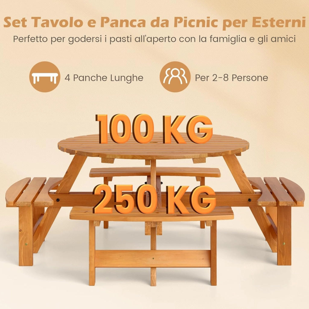 Set Tavolo da Giardino con 4 Panche Integrate, Legno Massiccio, con Foro Ombrellone, per 4-8 Persone, Tavolo Rotondo da Picnic per Esterno, Ogni Panca Porta 250 kg (Giallo, 179 x 179 x 70 cm)