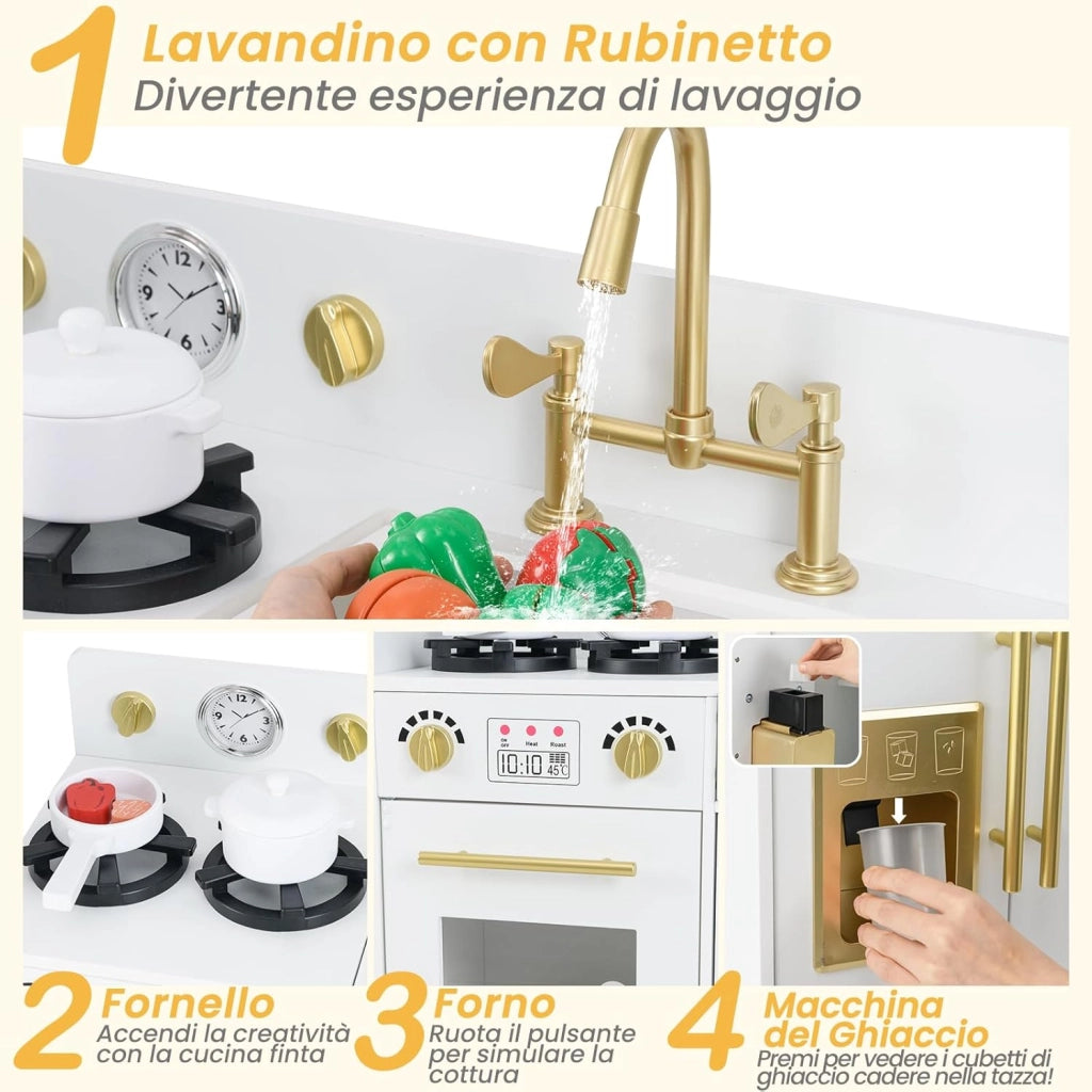 Cucina Giocattolo per Bambini, Cucina per Bambini in Legno con Frigorifero, Fornello, Lavandino, Macchina per il Ghiaccio, Orologio, Lavastoviglie e Accessori, per 3+ Anni