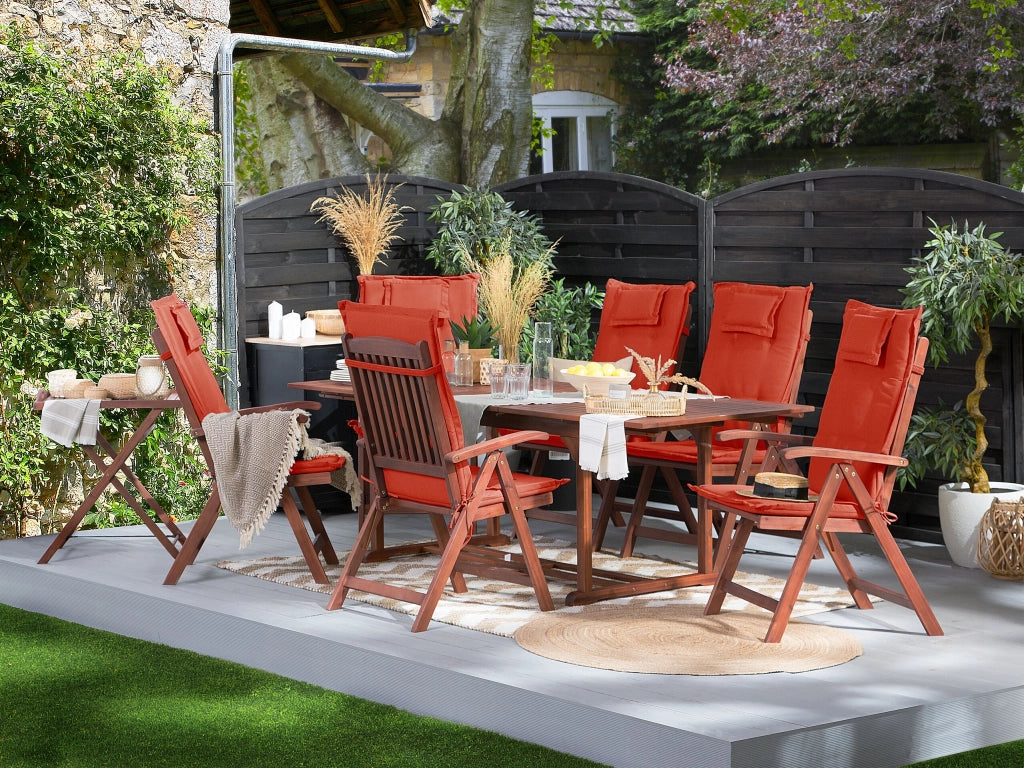 Set da pranzo da giardino Tavolo allungabile in legno acacia chiaro 6 sedie cuscini rossi Schienale regolabile pieghevole in stile rustico