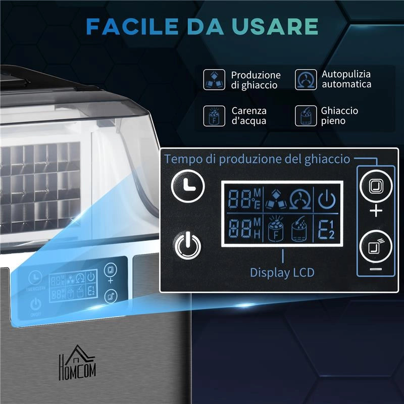 MACCHINA PER GHIACCIO 20KG IN 24 ORE, 24 CUBETTI IN 14-18 MINUTI E SISTEMA AUTOPULENTE, NERO