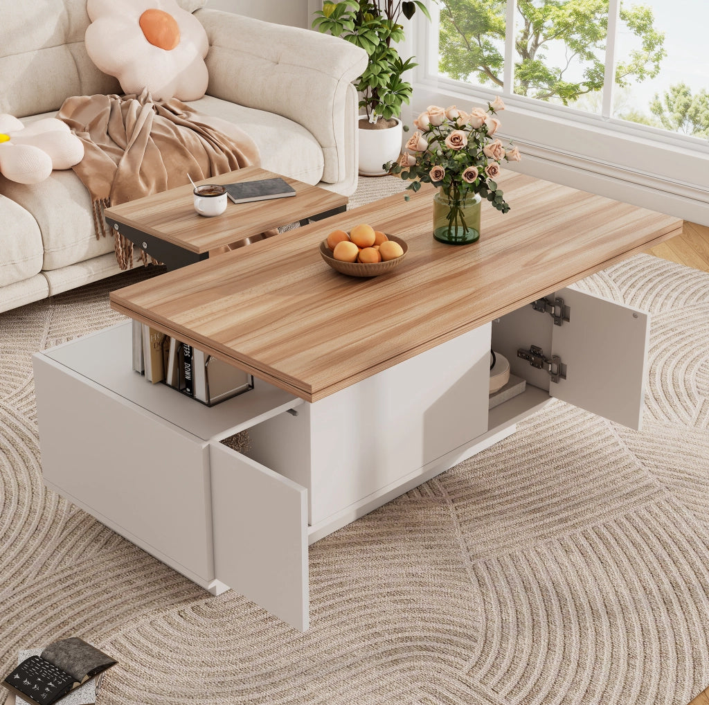 Tavolino da salotto con doppio piano sollevabile e vano contenitore; 100 x 50 x 55;5 cm; bianco e legno