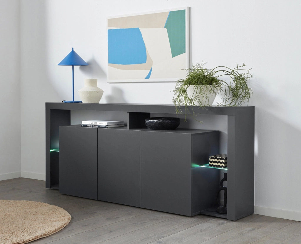 Credenza con 3 Ante e Ripiani in Vetro a Giorno 200x40x80 cm Essential 3A Grigio Antracite Opaco