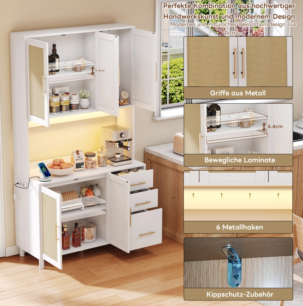 Credenza da cucina con LED controllabili da app; prese USB e 2 prese elettriche; 100x40x183 cm; MDF bianco