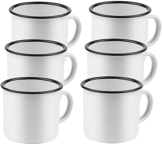 Set di 6 Mok in Emaille 350ml - Bianco/Azzurro - Adatto per Caffè/Zuppa - Maniglia Spessa - Ideale come Regalo di Souvenir - Tazza da Bevande