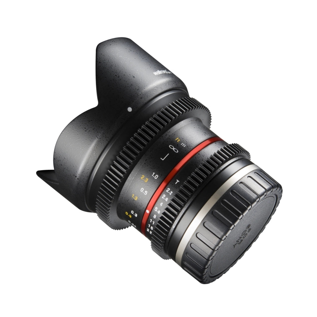 Walimex Pro obiettivo grandangolare 12 mm 1:2.2 VCSC per baionetta compatibile con Sony con attacco E (lenti MC/rivestimento nano, ghiera di ingranaggi, apertura/focus continuo, paraluce rimovibile)