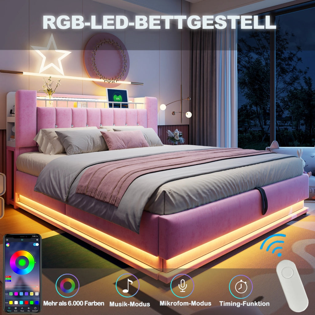 Letto matrimoniale imbottito 180×200 cm con testiera; LED; USB e contenitore; senza materasso; rosa