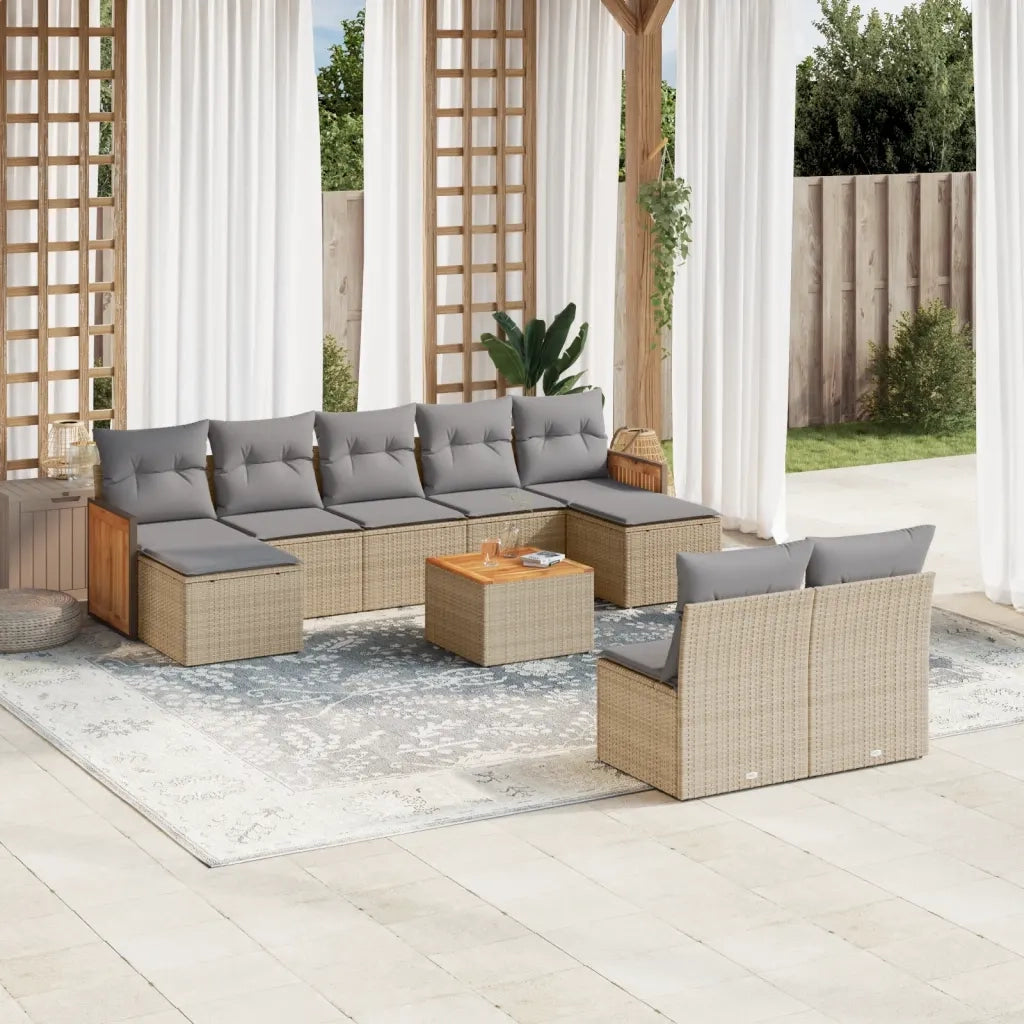 Set Divano da Giardino 10 pz con Cuscini Beige in Polyrattan