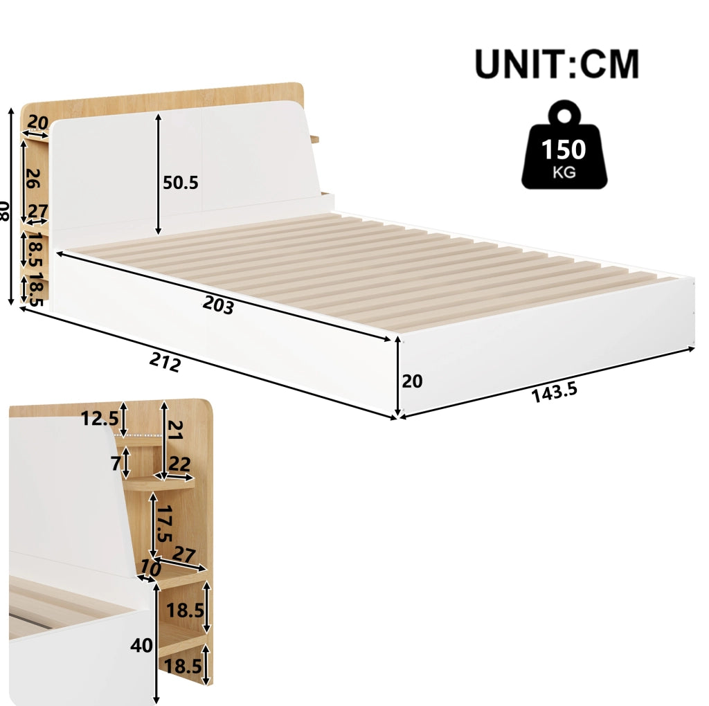 Letto contenitore 140x200 cm con USB Tipo-C e LED; in legno; bianco e naturale