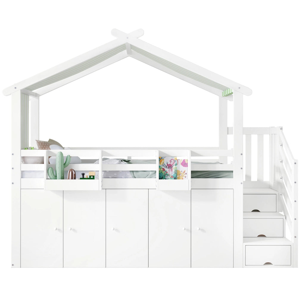 Letto a castello ULEVR 90x200 cm con scala contenitore, armadio e vani, bianco e verde