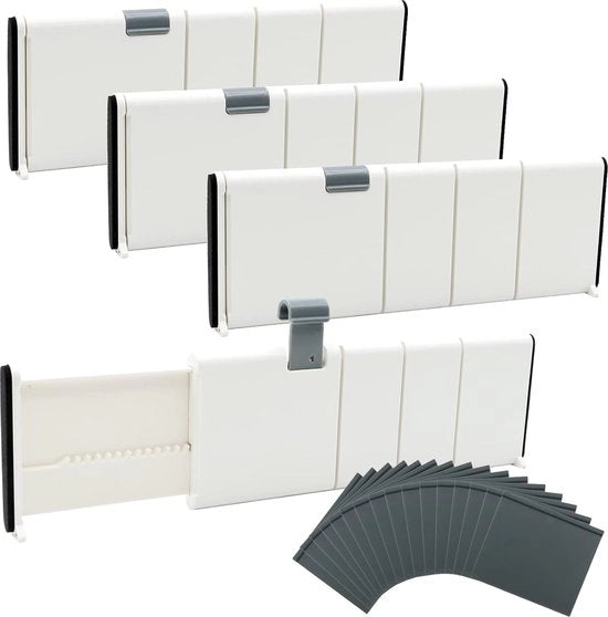 Set di 4 distributore di carico, distributore di carico regolabili con 16 pezzi di pareti divisorie alte 9,5 cm, adatti per la conservazione della cucina, la camera da letto, la toeletta, (altezza 10,5 cm, lunghezza 28-44,5 cm)