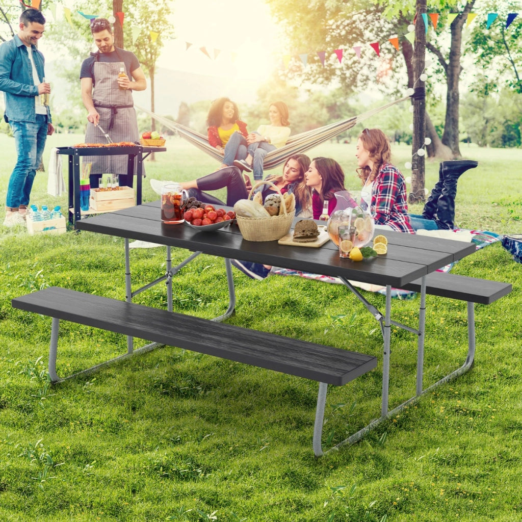 Tavolo da picnic pieghevole con 2 panche, Set di tavolo da 183cm con telaio in metallo e foro per ombrellone Nero-Tavoli e sedie da campeggio