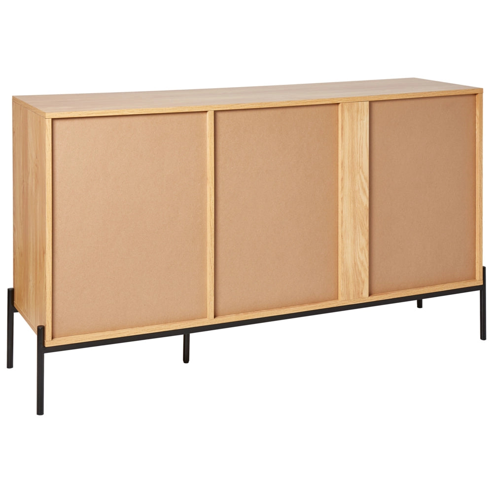 Credenza in legno chiaro con base in metallo nero con cassetti, scomparti e porte, cassettiera, soggiorno retrò
