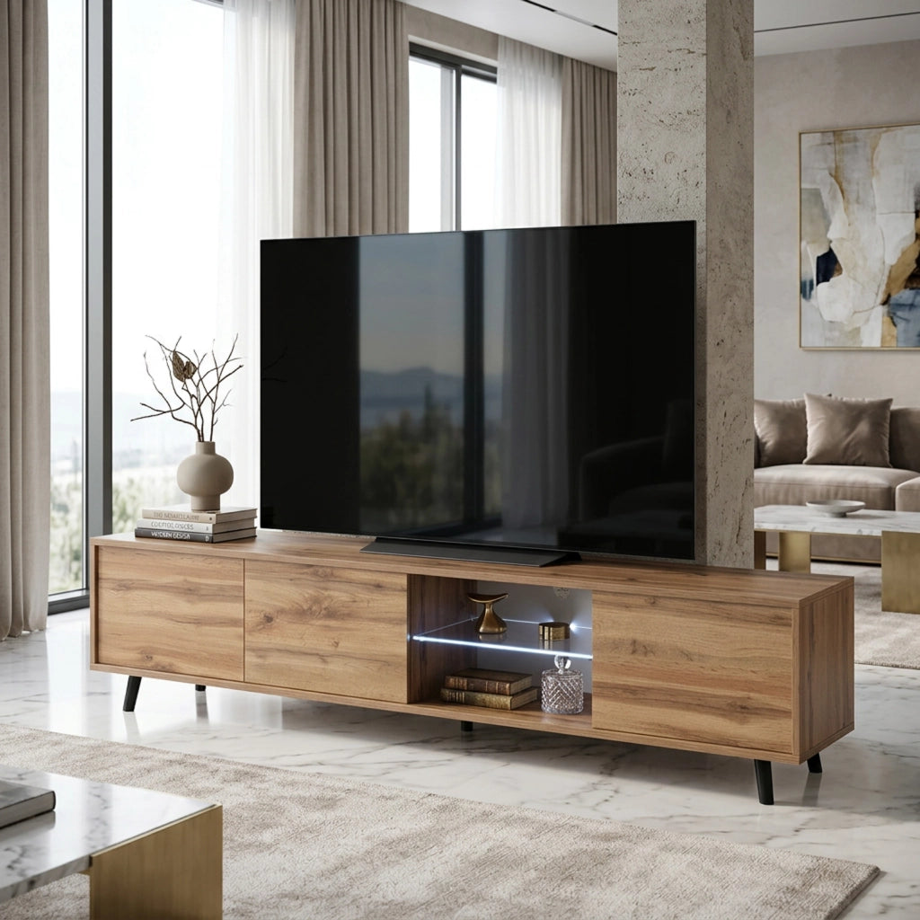 Porta Televisore Con 3 Ante Battenti Vano Centrale Con Ripiano In Vetro E LED Mobile TV In Melaminico Con Piedini In Metallo Per Soggiorno Salotto Zona Living 175 X 40 X 31.5 Cm Rovere