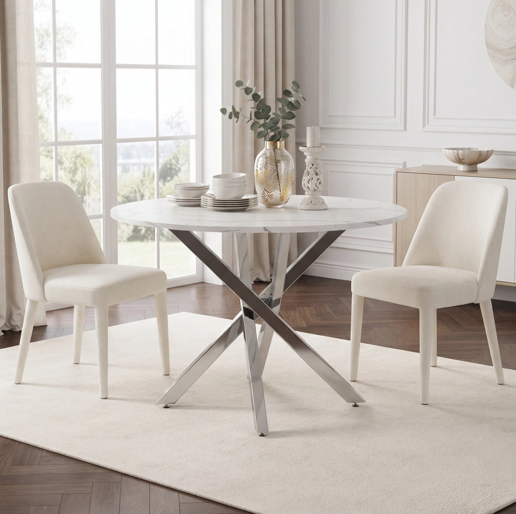 Tavolo rotondo 80 cm in MDF effetto marmo; gambe cromate argento; bianco e argento