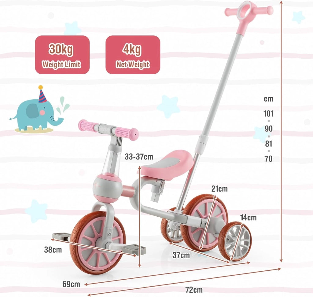 4 in 1 Triciclo Evolutivo per Bambini, Bicicletta Bambini con Manico a Spinta Regolabile in 4 Posizioni, Sellino in 2 Posizioni, Pedali Rimovibili, per Bambini e Bambine da 1 Anno + (Rosa)