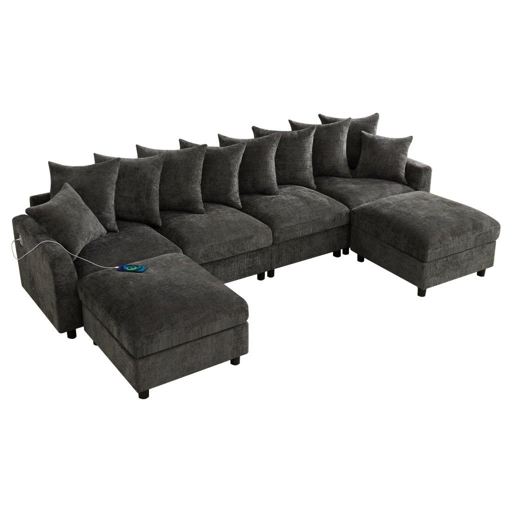 Divano angolare modulare 6 posti - con USB e Type-C; 2 pouf - in chenille grigio