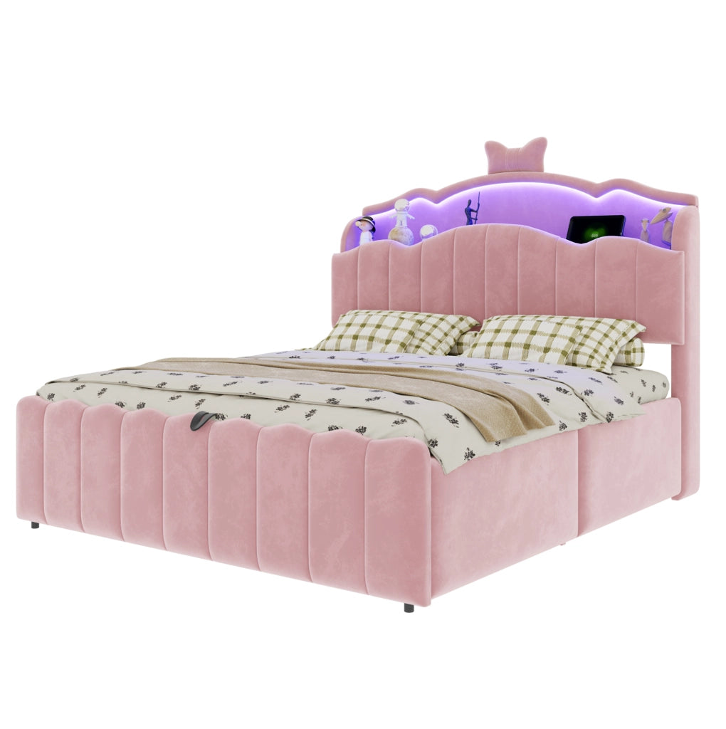Letto per bambini 140x200 cm con contenitore idraulico, LED, USB e USB-C in velluto rosa