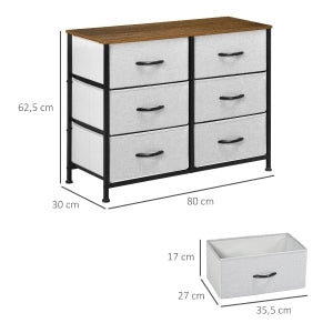 CASSETTIERA 80x30x62,5 cm Grigia in MDF con 6 cassetti in tessuto