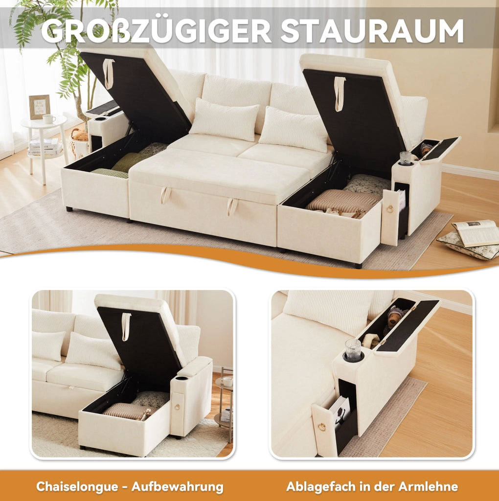 Divano letto modulare ULEVR a U 272x131x84 cm, 4 posti, con contenitore e portabicchieri, beige