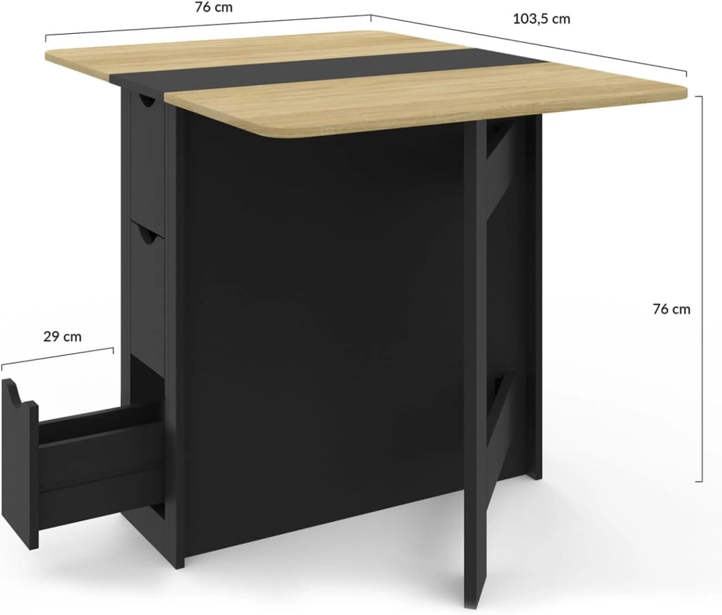 EDI Consolle pieghevole per 2-4 persone con 3 cassetti neri, piano effetto faggio 103 x 76 cm