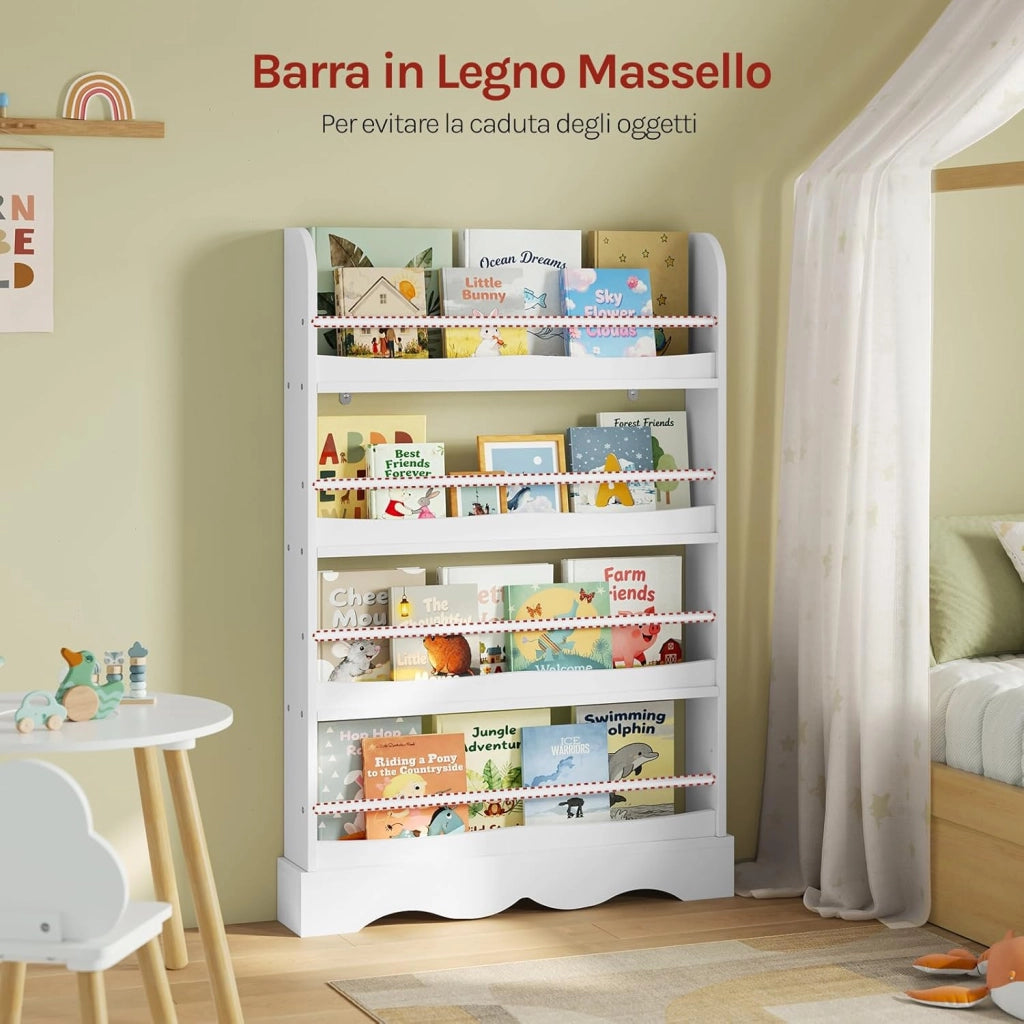 Libreria Montessoriana per Bambini, Scaffale Porta Libri Salvaspazio a 4 Ripiani, Piccola Libreria a Muro in Legno, per Cameretta, Stanza dei Giochi, 80x12x118cm