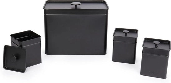 Set di contenitori per cucina 4 pezzi - imballaggio con 3 contenitori per tè, caffè, zucchero e caddy grande teglia per pane con coperchio finitura in vernice nera a base di polvere impermeabile a lunga durata
