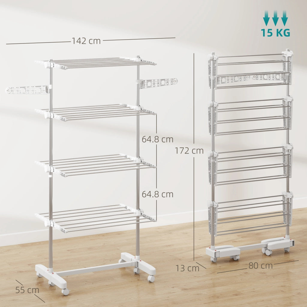 Stendino Verticale Pieghevole in Acciaio e Plastica con 6 Ruote e 4 Ripiani Regolabili, 142x55x172 cm