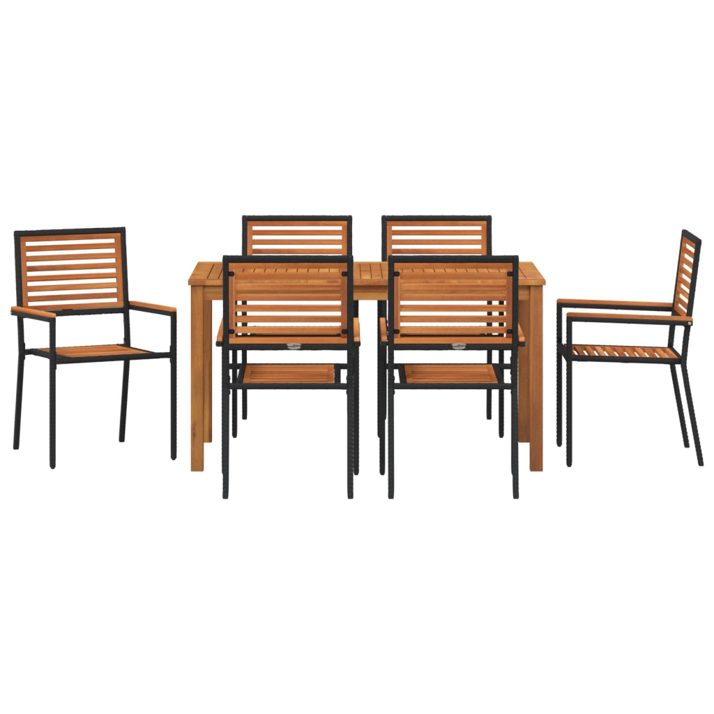 Set da pranzo da giardino  7 pezzi in polyrattan nero e acacia