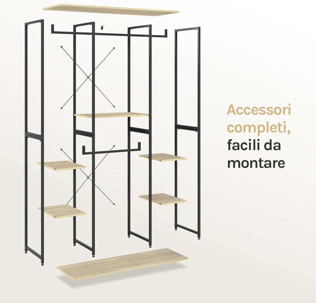 Stand Appendiabiti con Ripiani Attaccapanni Guardaroba Scaffale Porta Abiti in Legno Acciaio 120x40x201 cm